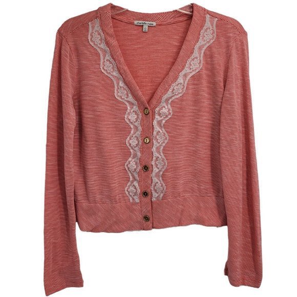 Charlotte Russe‎ Button Up Cardigan Sweater Pink White Striped Womens Size Large - Picture 1 of 3